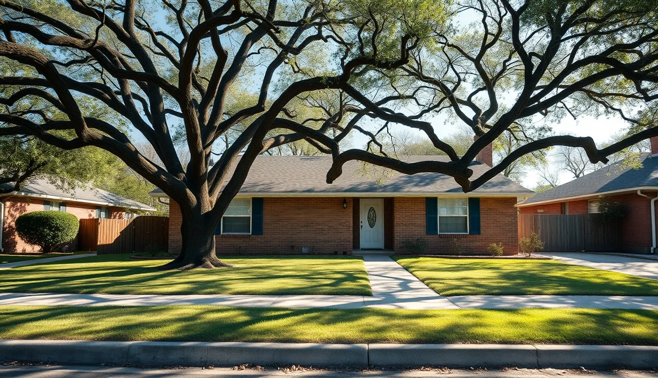 Single-story brick home in a San Antonio neighborhood with mature oak trees