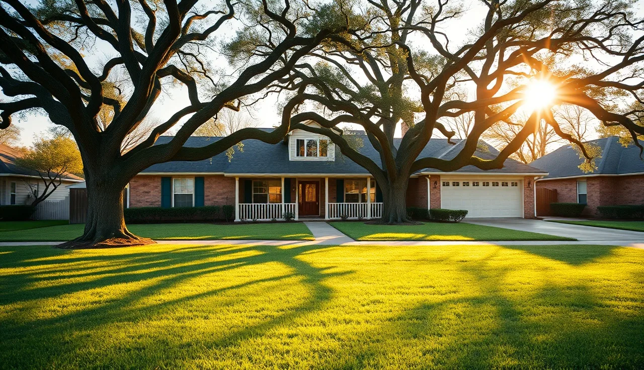 Texas ranch-style home with live oak trees on a quiet residential street in morning light