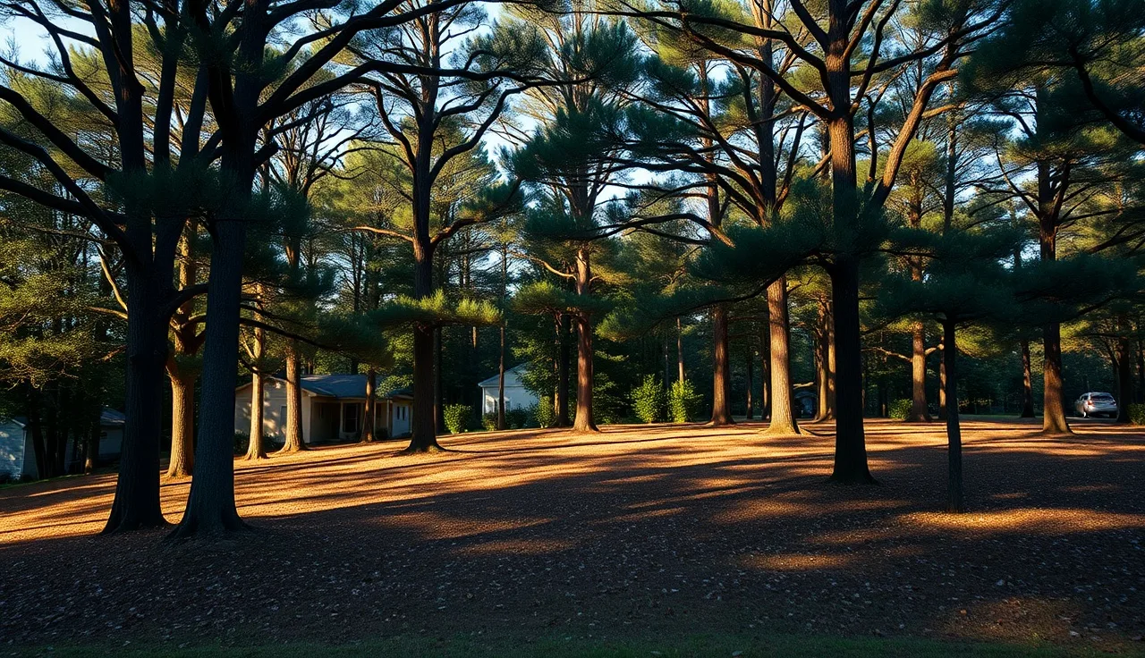 Mixed hardwood and pine forest on a residential timber lot in morning light