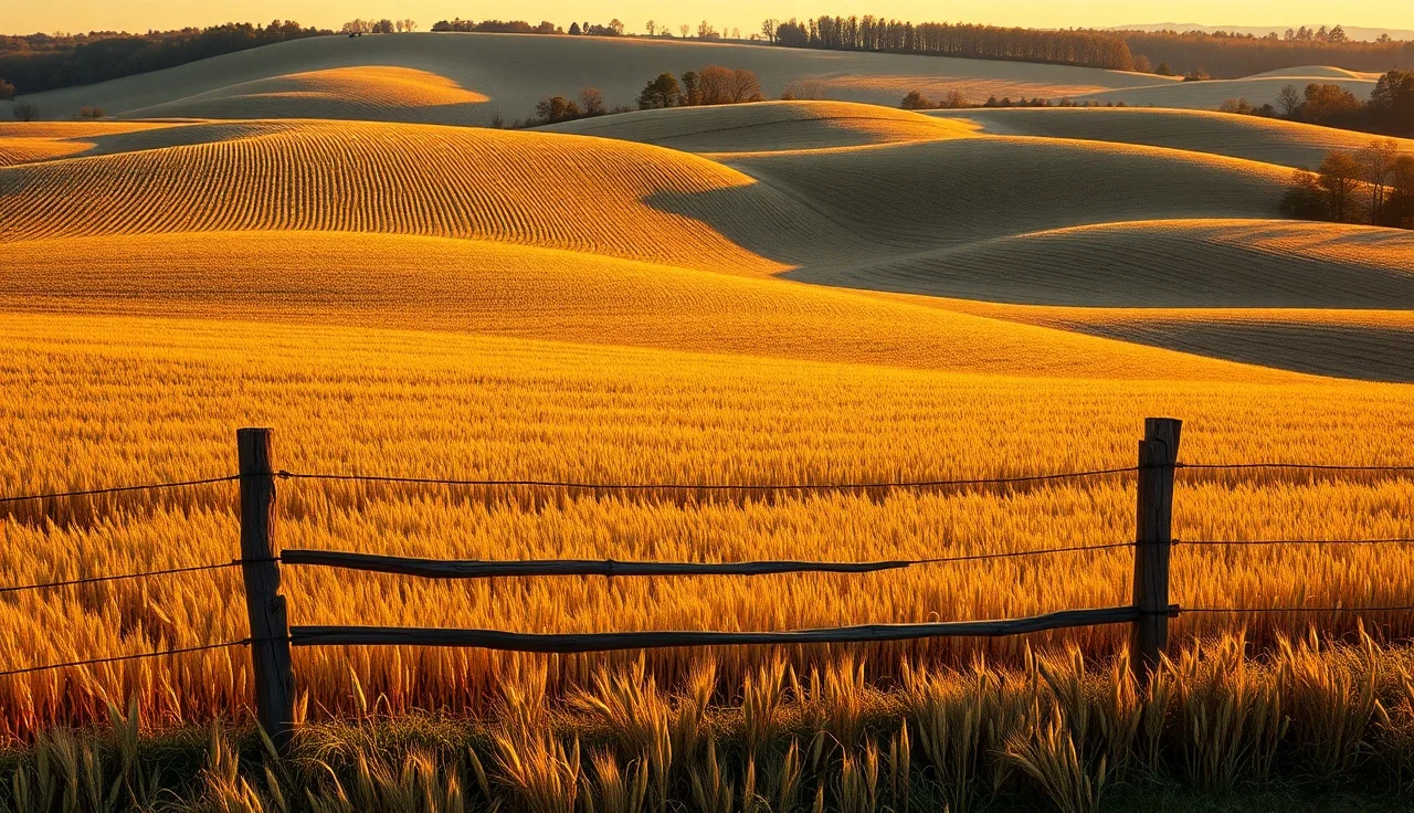 Virginia farmland with winter wheat rows and split-rail fence at golden hour