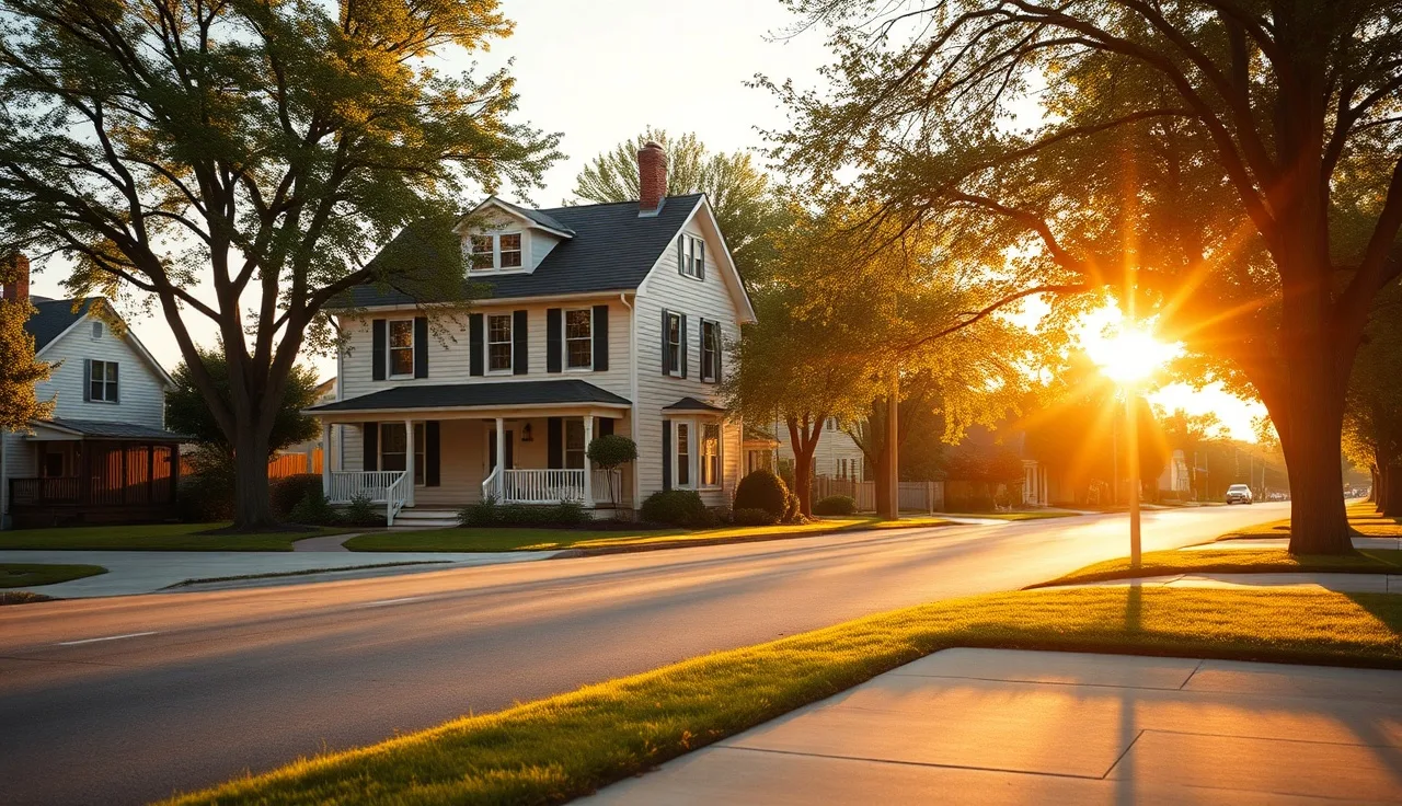 Suburban home on a quiet street at golden hour, representing homestead property tax exemption