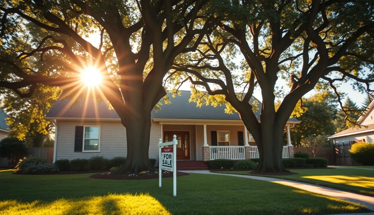 Suburban home with For Sale sign at golden hour, deferred property tax topic