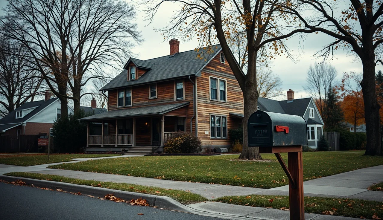 Vacant older home on a quiet street after owner's death, autumn afternoon