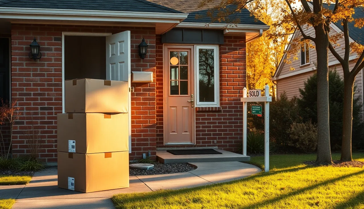 Moving boxes outside a suburban home front door with a sold sign in the yard