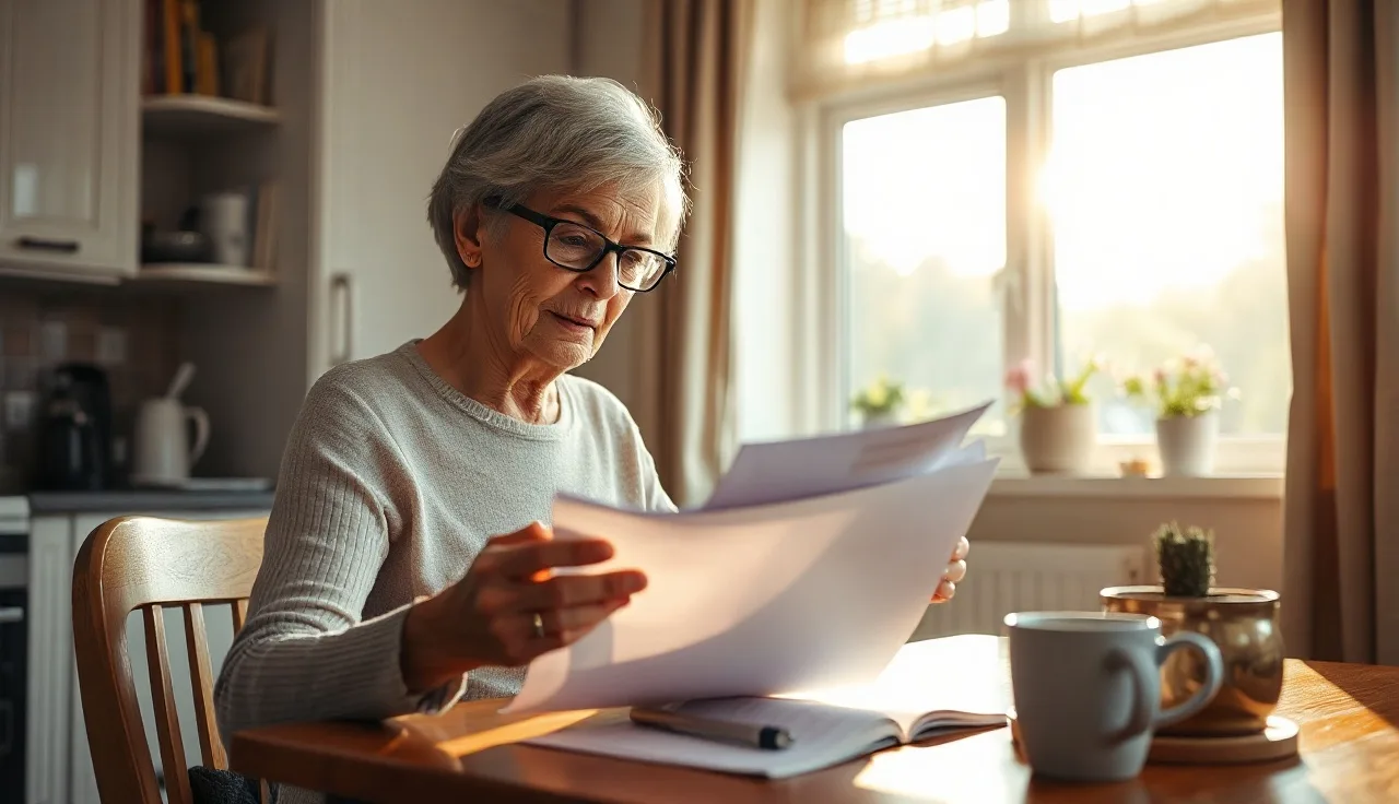 Senior homeowner reviewing property tax exemption paperwork at a sunny kitchen table