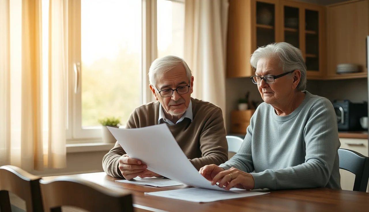 Senior couple reviewing property tax documents at kitchen table, morning light