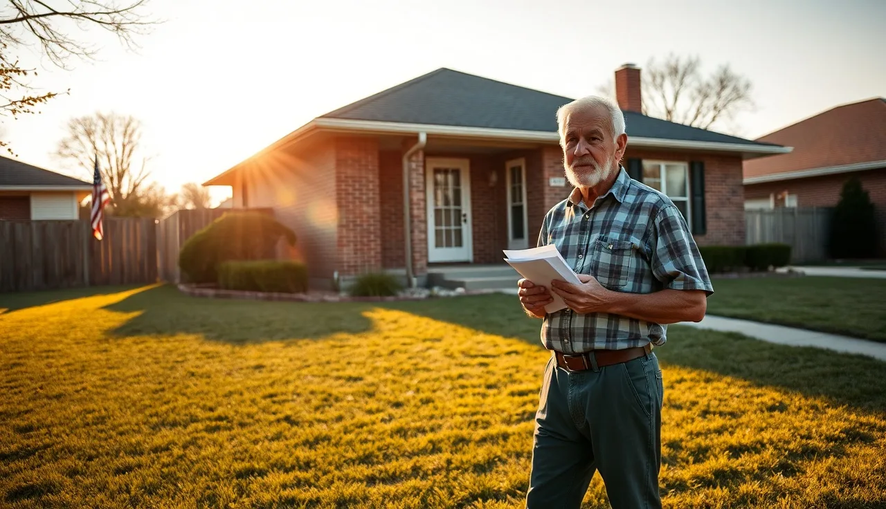 Veteran standing in front yard of home holding property tax exemption documents