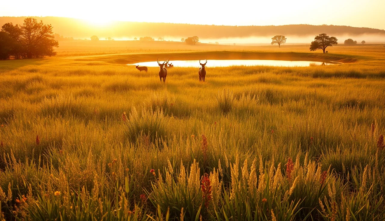 Native grassland meadow with deer near a pond at sunrise in wildlife habitat land