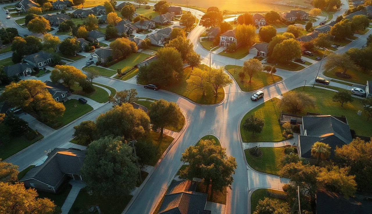 Aerial view of a Williamson County Texas residential neighborhood at golden hour