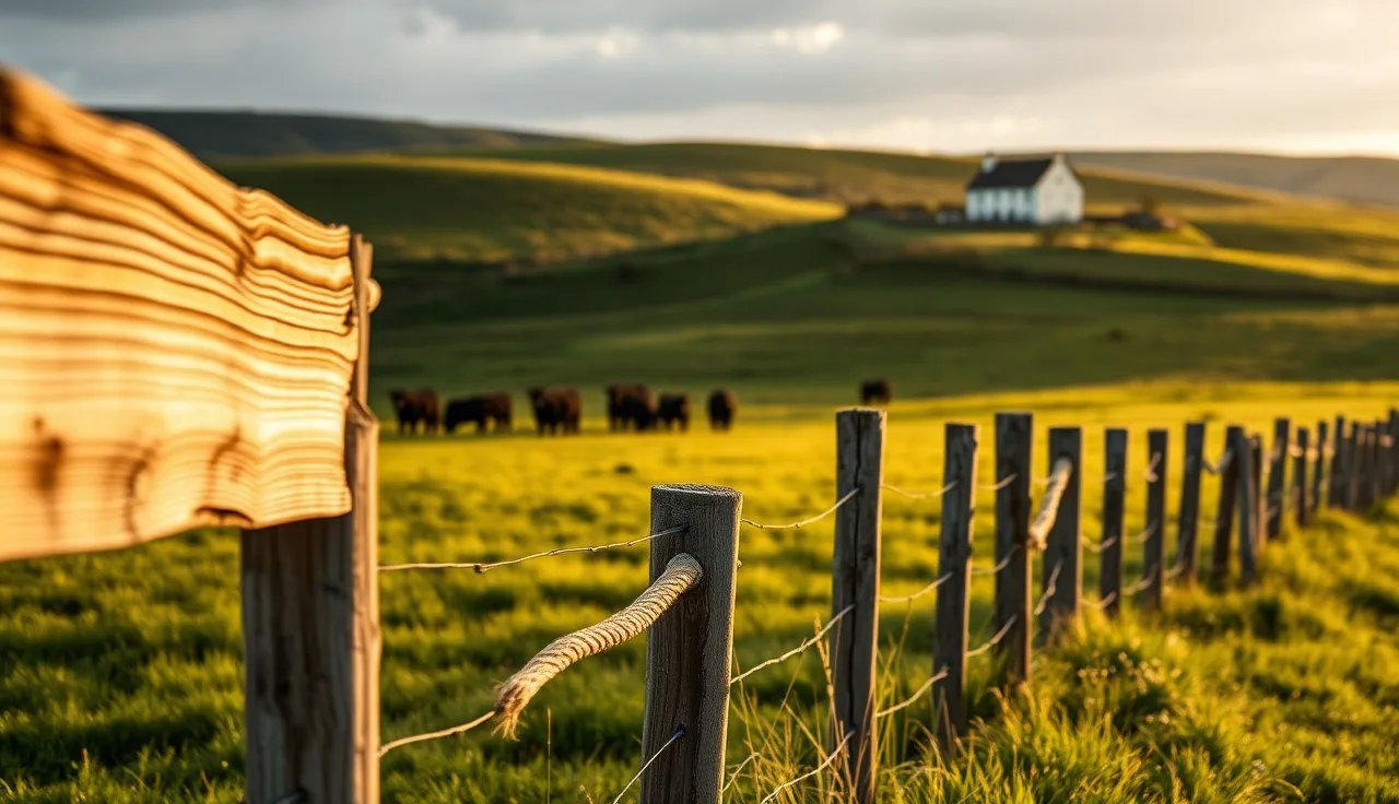 Cattle grazing on green pasture with farmhouse in distance, working farm property