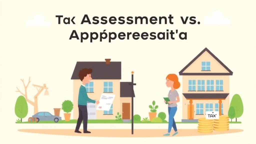 Illustration breaking down the fundamentals of tax Assessment vs Appraisal: Key Differences Homeowners Miss
