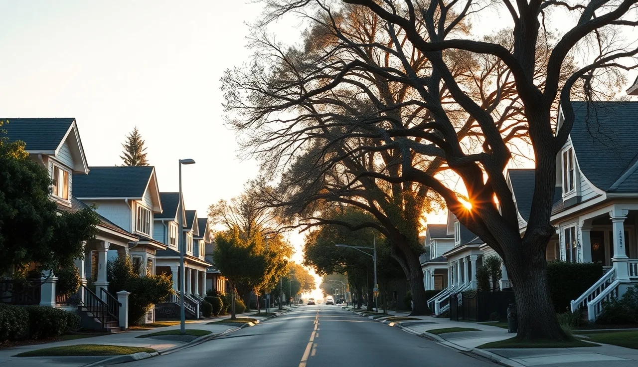 Tree-lined Oakland residential street with craftsman bungalows at golden hour