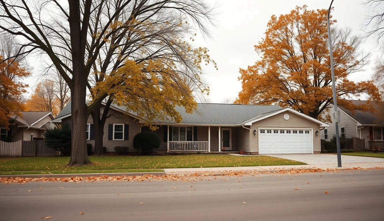 Suburban Anoka County home on a quiet residential street in autumn morning light