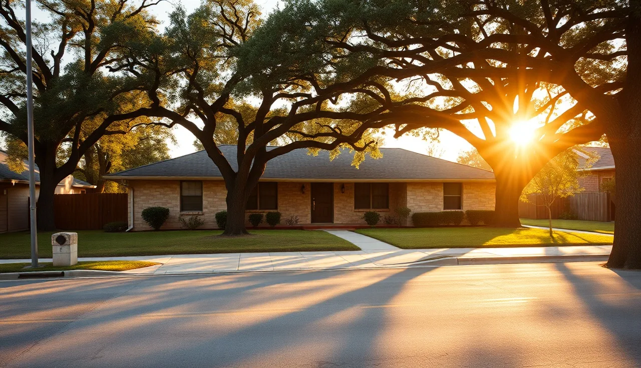Limestone ranch house on a sunny Austin residential street with oak trees