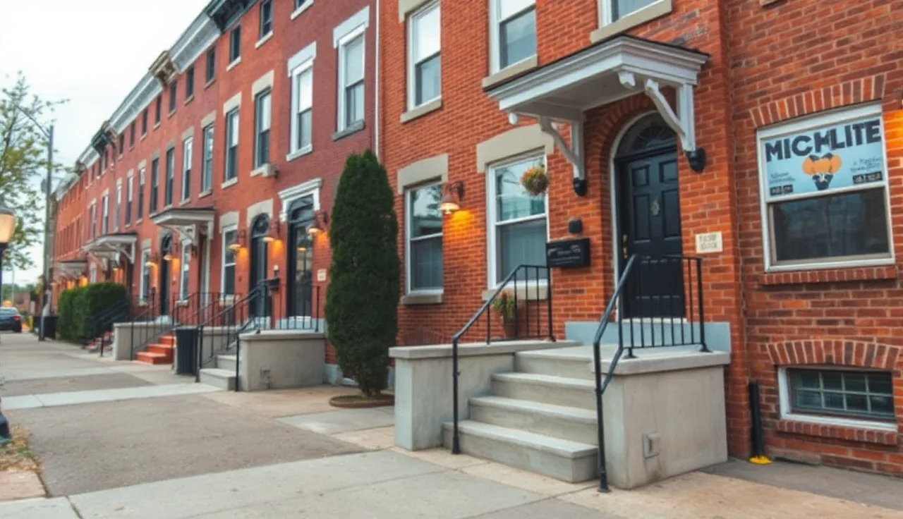 Red-brick Baltimore rowhouse exterior on a residential street in afternoon light