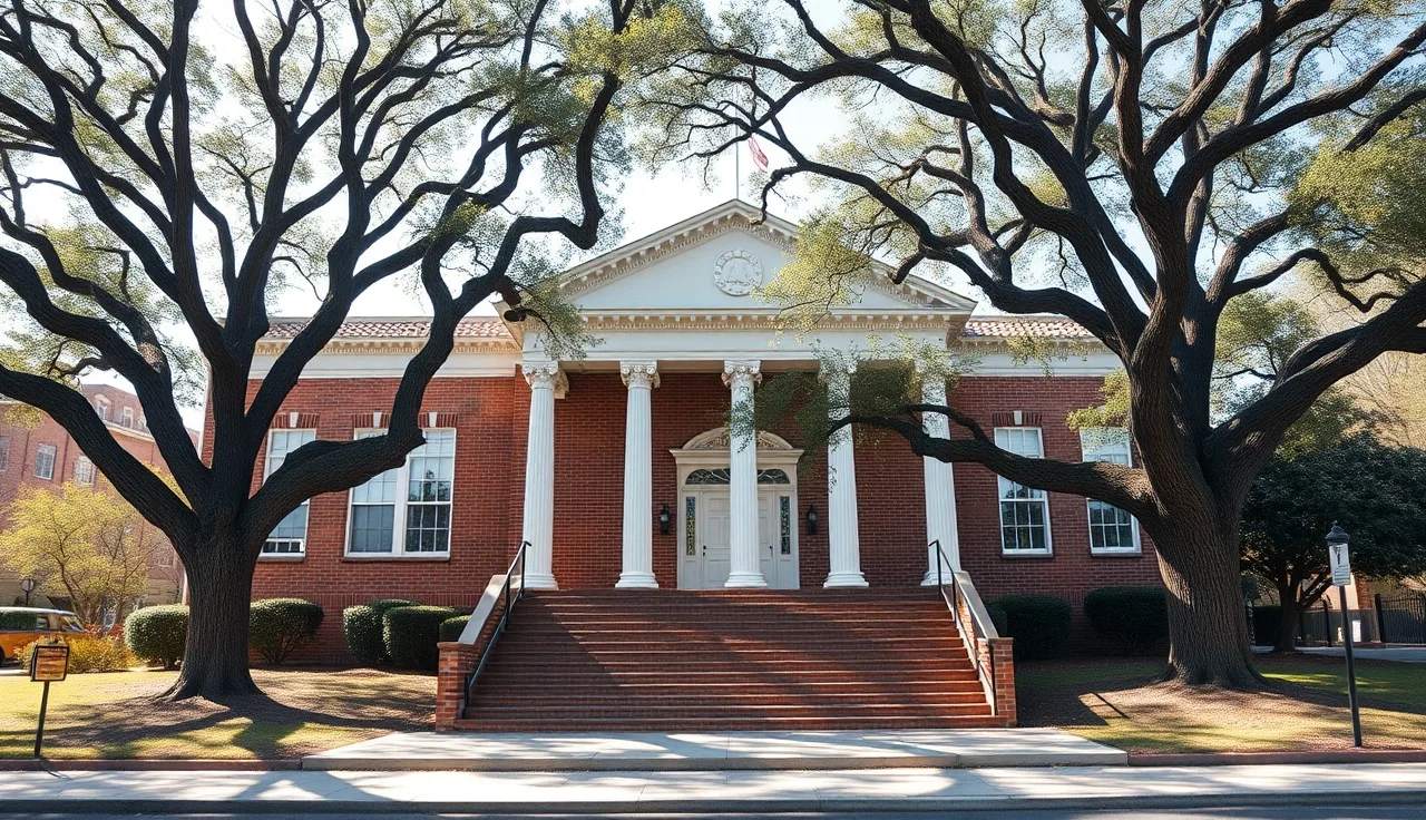 Small Georgia county courthouse exterior with oak trees on a spring morning