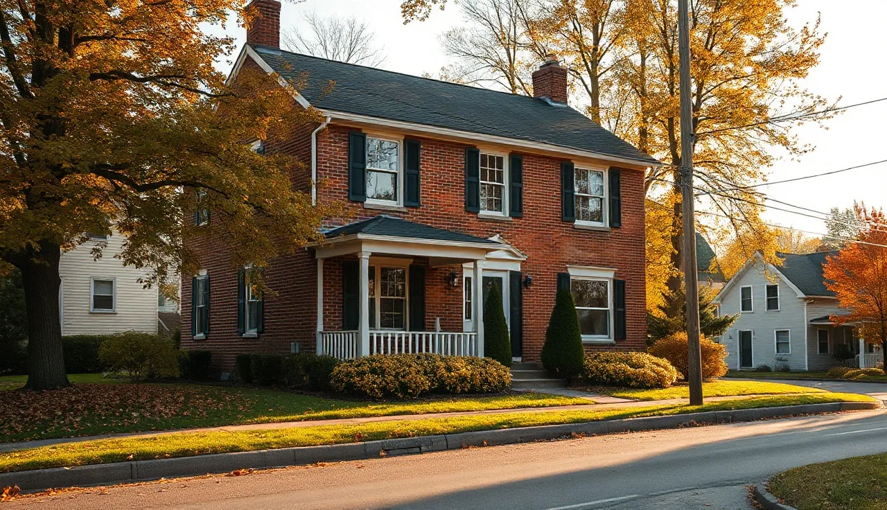 Brick colonial home on a quiet Pennsylvania street during autumn morning light