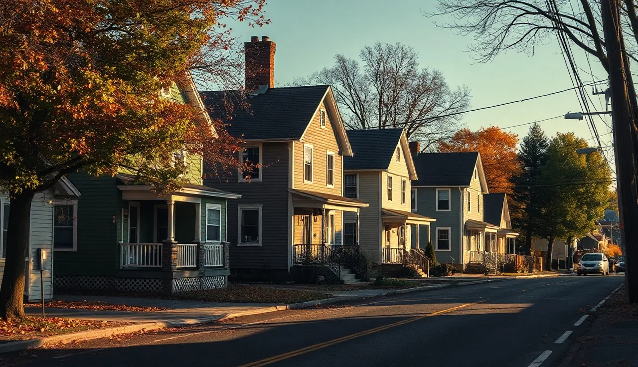 Row of residential homes on a Bridgeport Connecticut street in autumn light