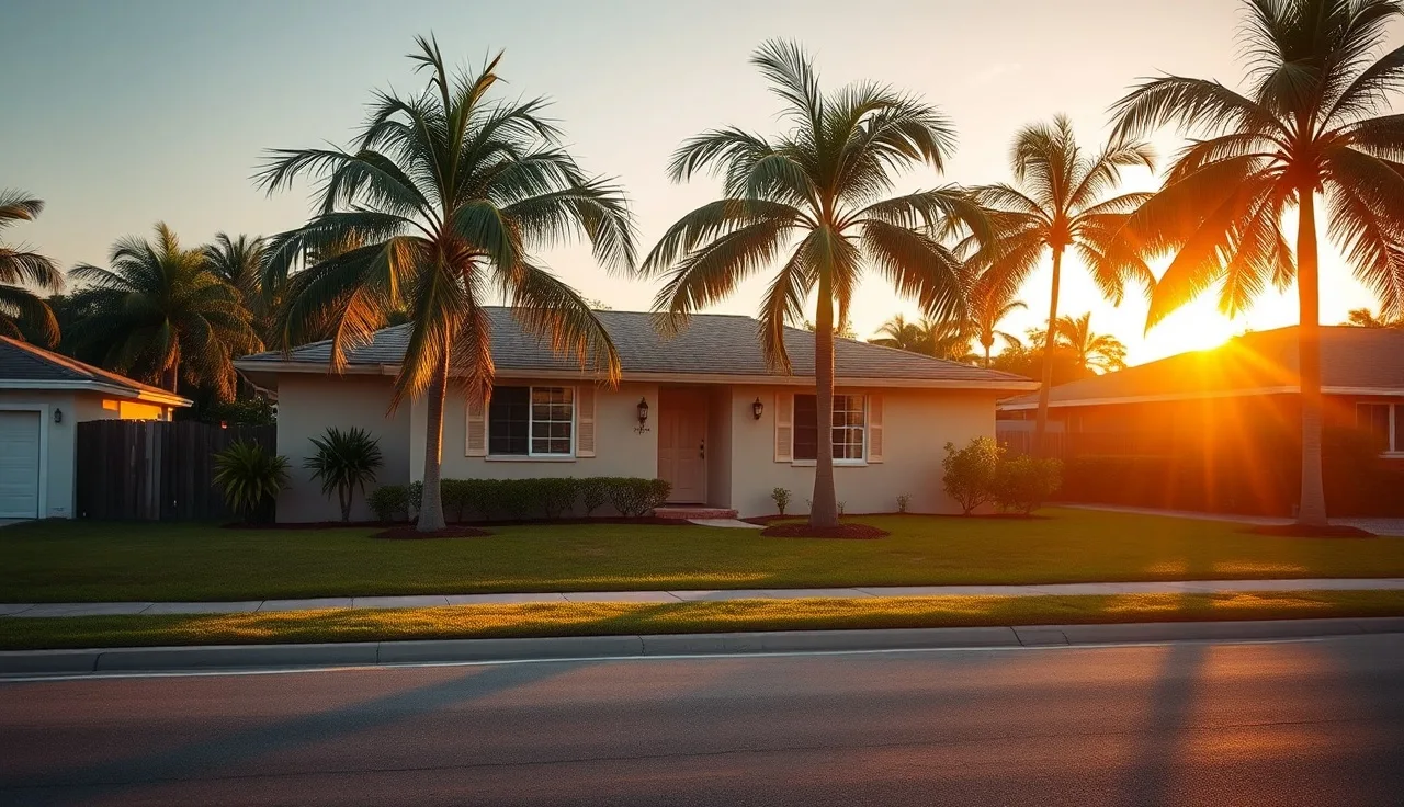 Single-story pastel stucco home on a quiet Broward County street at golden hour