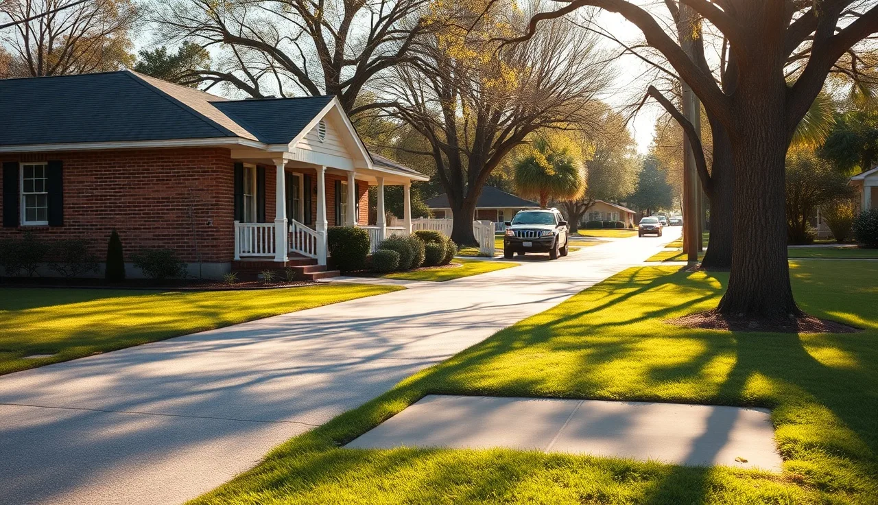 Brick ranch house on a coastal Georgia residential street in spring light