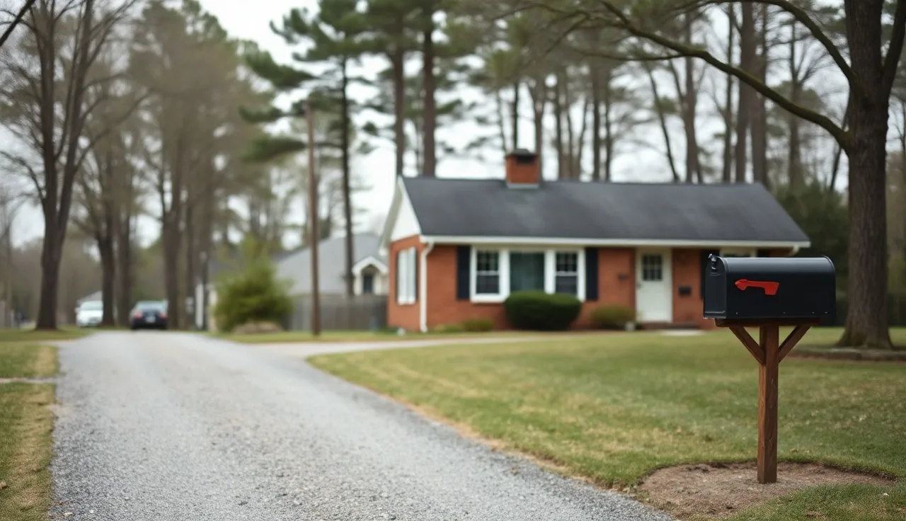 Brick ranch house with gravel driveway and mailbox in rural Butts County Georgia