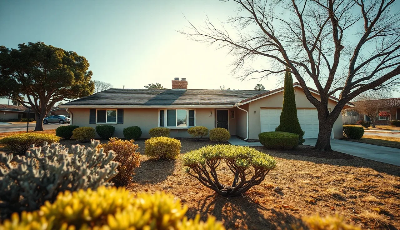 Single-story California ranch house in late afternoon sunlight on a quiet residential street