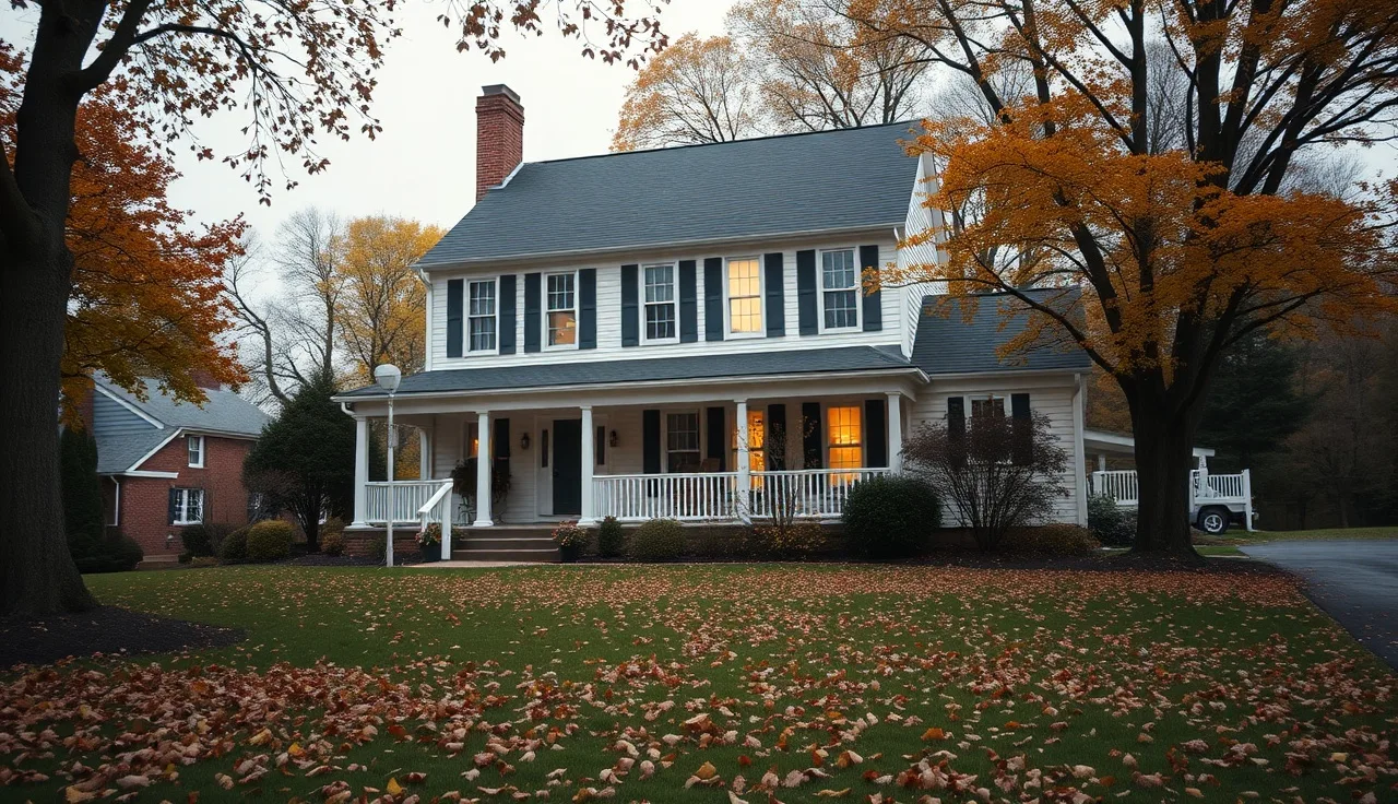 Suburban New Jersey colonial home in autumn light, property tax calculation context