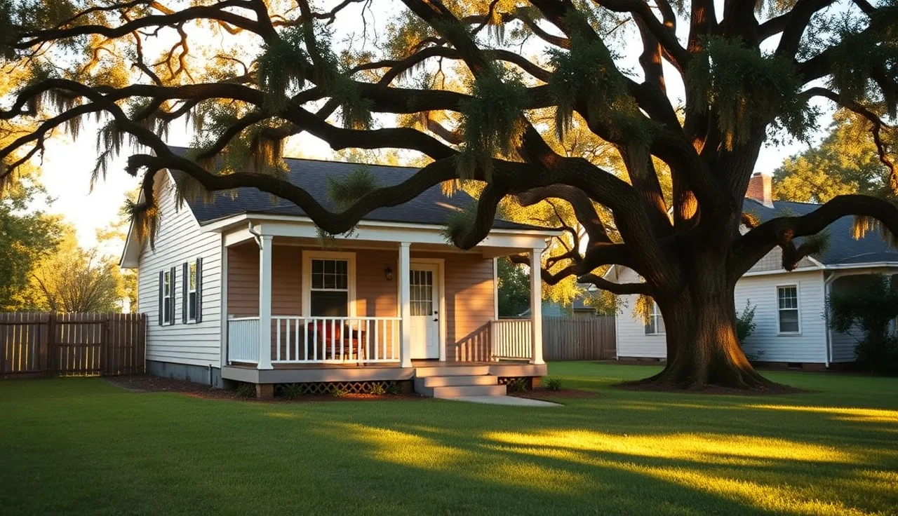 Sunlit front porch of a South Carolina residential home with oak tree shadows