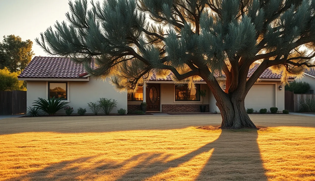 California ranch house exterior at golden hour with eucalyptus tree and property grounds