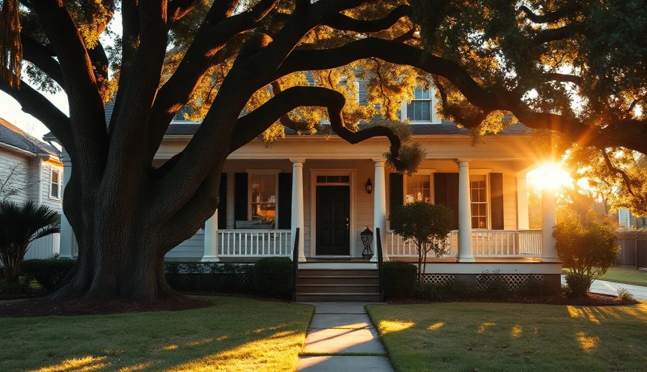 Charleston-style home with front porch under golden afternoon light with oak tree