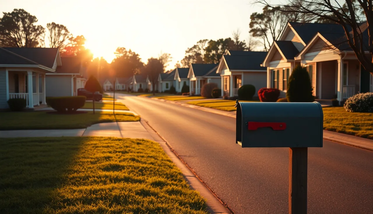 Suburban residential street at dusk showing homes and open mailbox representing property tax