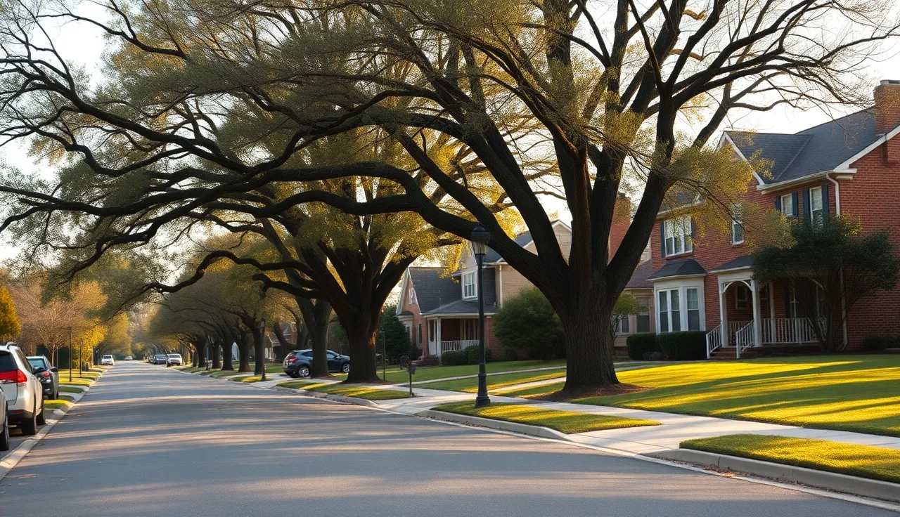 Tree-lined suburban street in Cherokee County Georgia with brick homes in spring morning light
