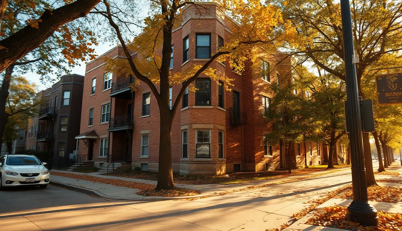 Chicago two-flat home on tree-lined residential street in autumn afternoon light