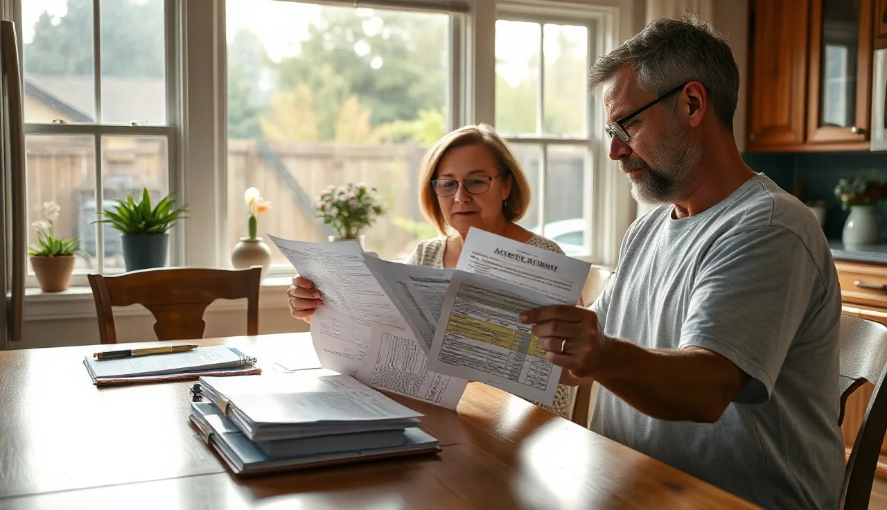 Homeowner reviewing Clackamas County property tax assessment papers at kitchen table