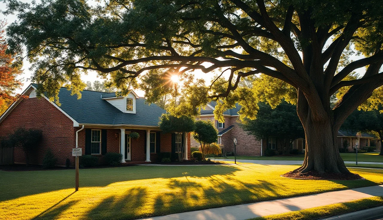 Suburban brick home in Clayton County Georgia photographed at golden hour from sidewalk