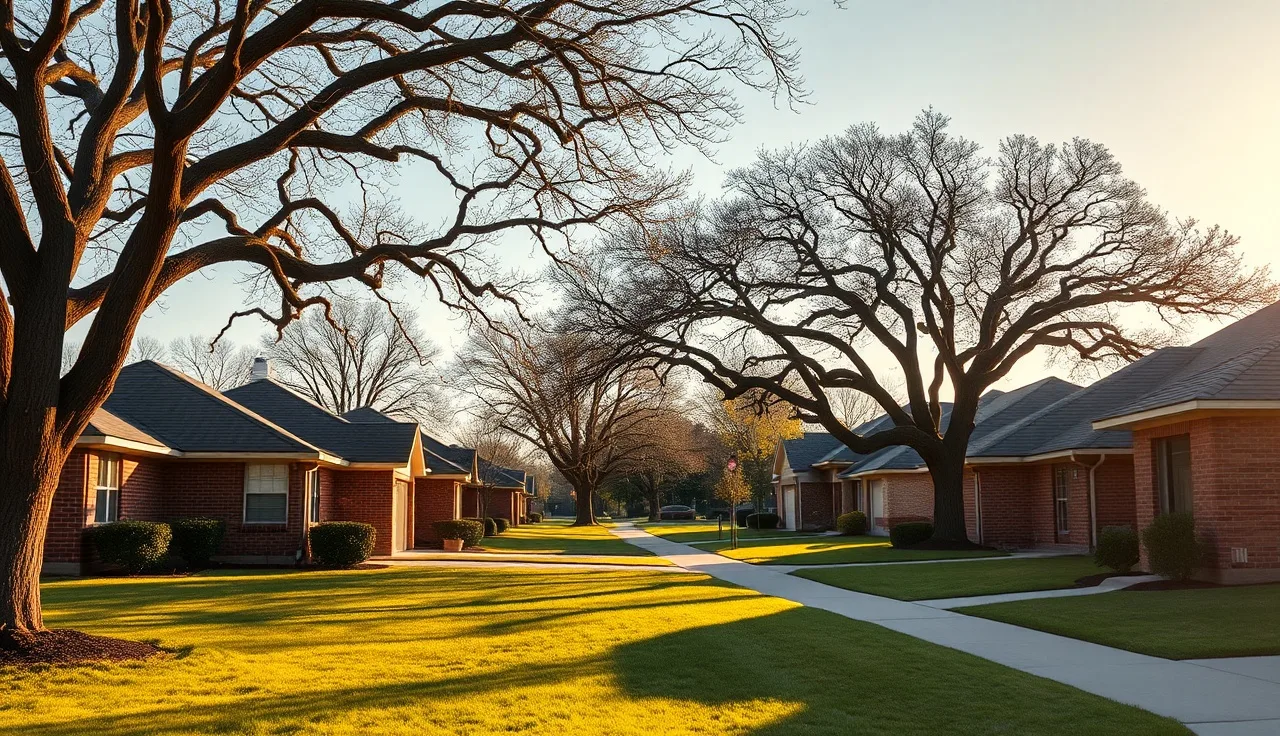 Suburban brick homes in Collin County Texas on a clear spring morning