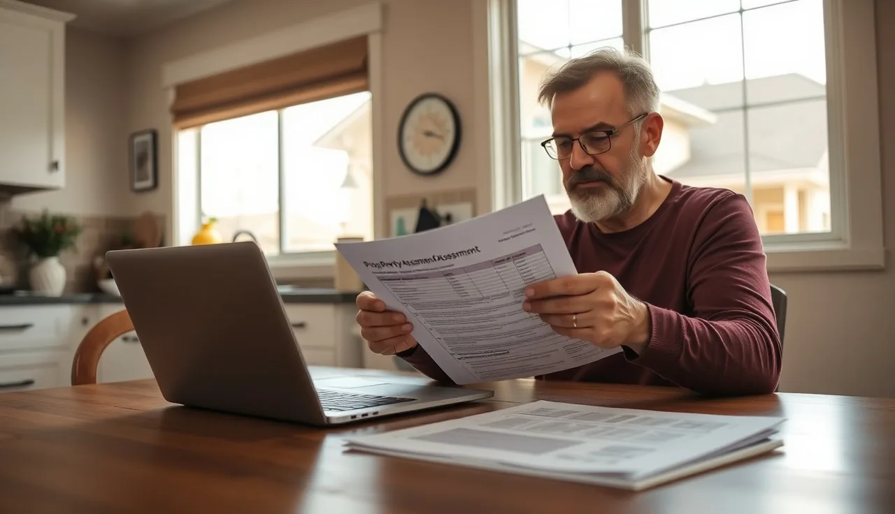 Homeowner reviewing property tax assessment papers at kitchen table near window