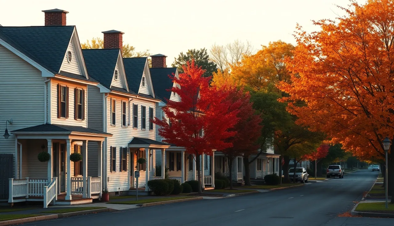 Row of colonial Connecticut homes on a tree-lined street in autumn light