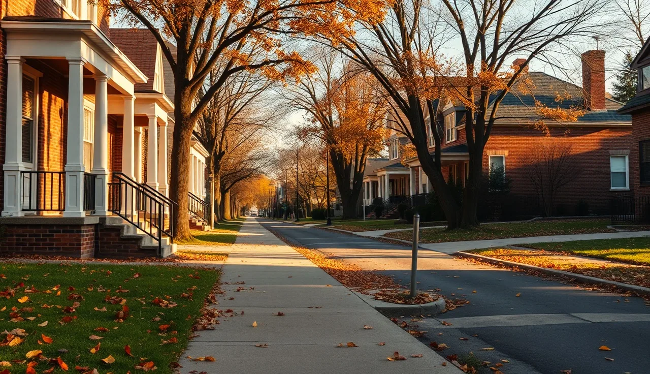 Quiet Chicago suburban street with brick bungalows in autumn morning light