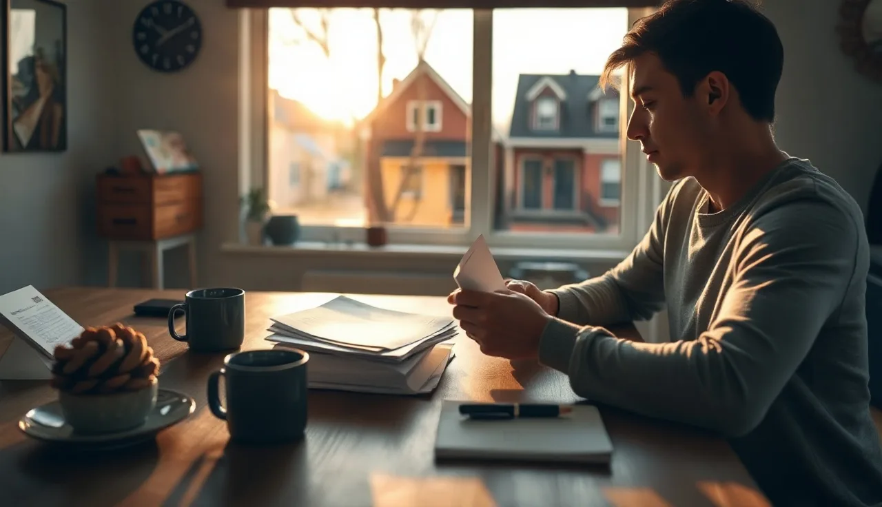 Homeowner reviewing Cook County property tax documents at kitchen table with Chicago rowhouses in background