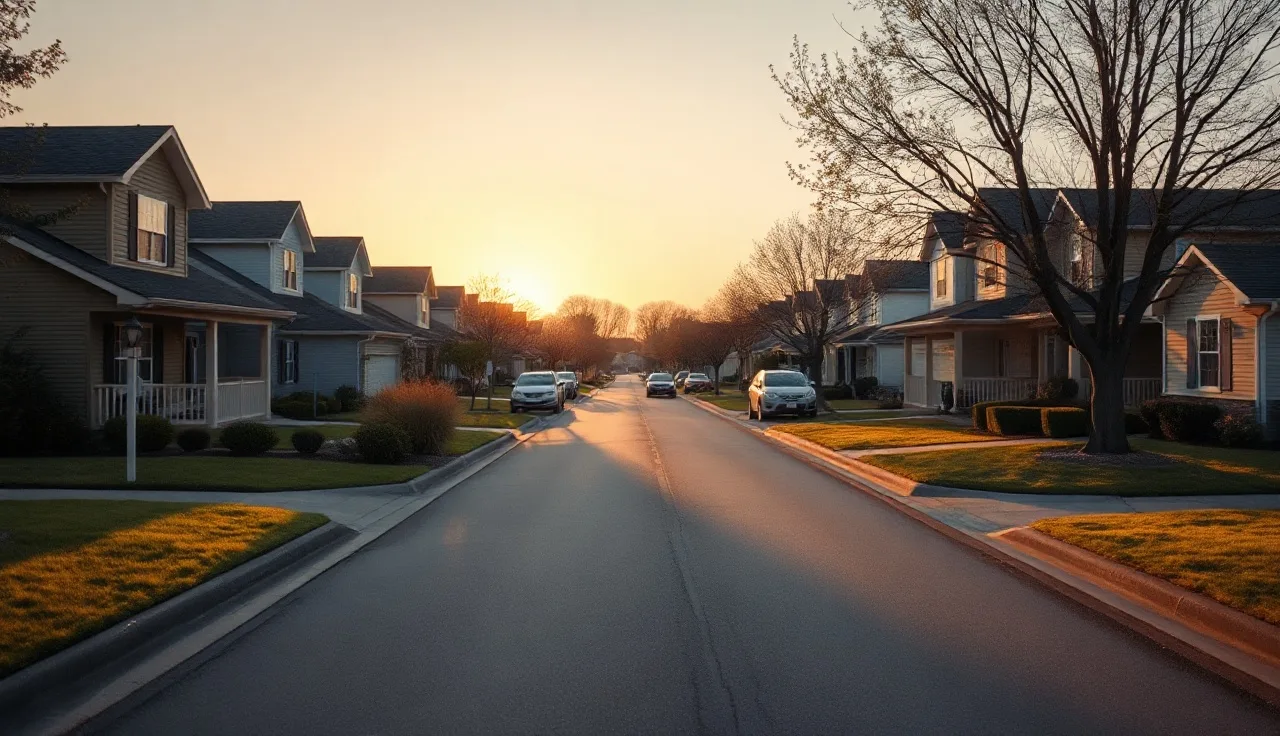 Suburban street lined with single-family homes at golden hour, property tax concept