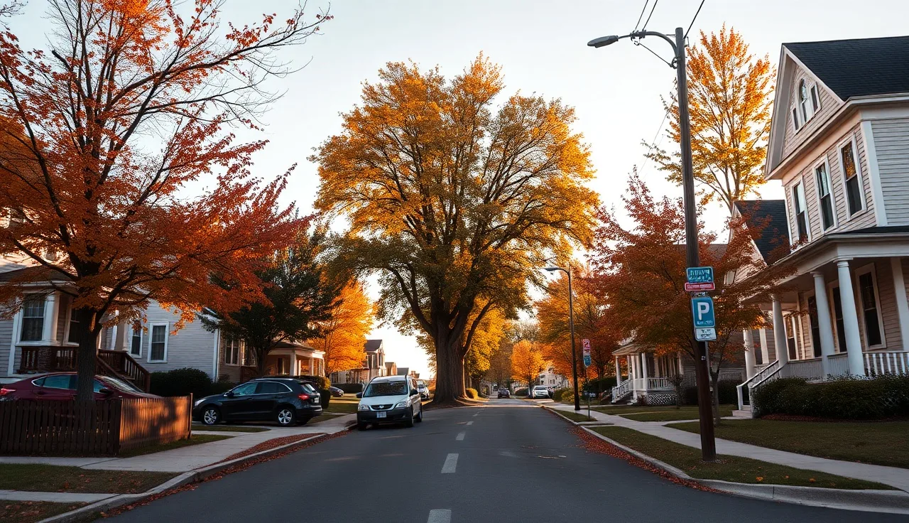 Quiet residential street in Cranston Rhode Island with colonial homes in autumn light