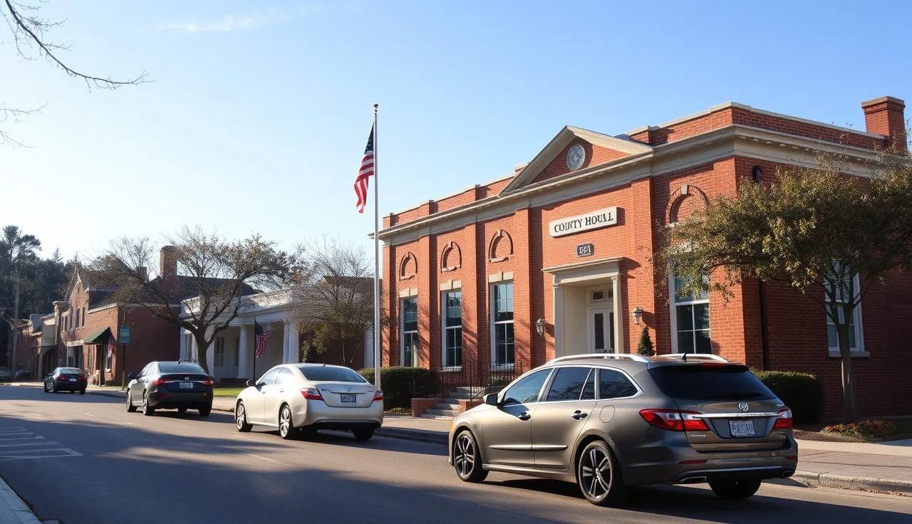 Crisp County Georgia courthouse exterior on a clear morning, brick facade