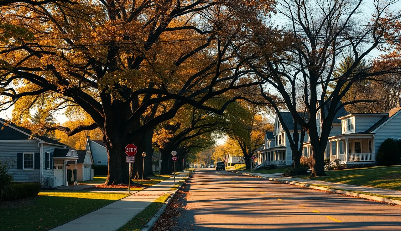 Autumn afternoon on a quiet Connecticut residential street with colonial homes