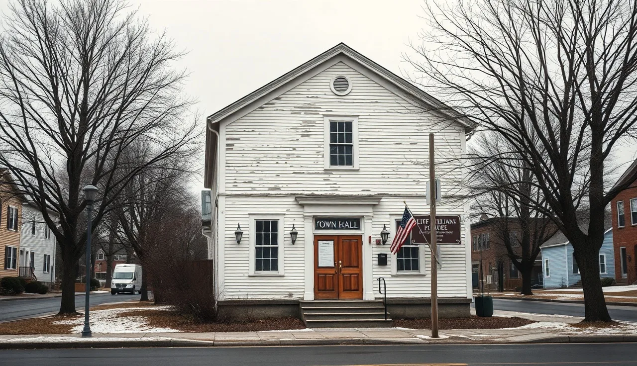Old New England town hall in winter, where Connecticut mill rates are set annually