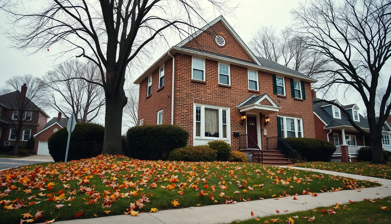 Brick colonial home on a residential street in Cleveland Ohio in autumn