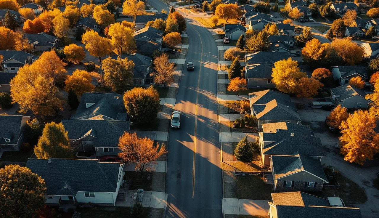 Aerial view of a Dakota County Minnesota neighborhood in autumn afternoon light
