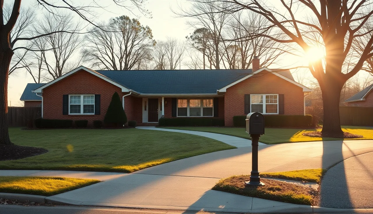 Brick ranch house in DeKalb County Georgia neighborhood on a sunny spring morning