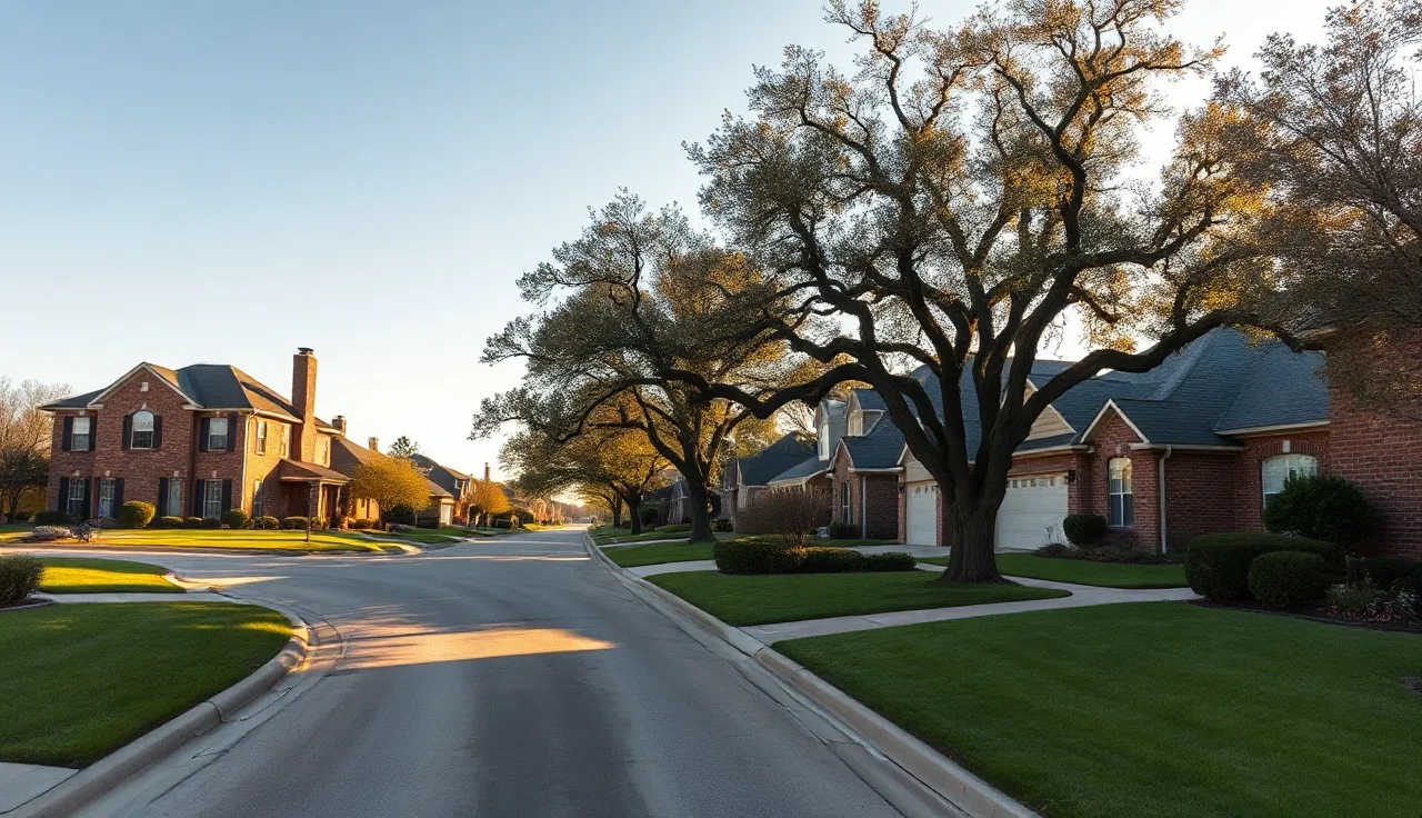 Quiet suburban street in Denton County Texas with brick homes and oak trees