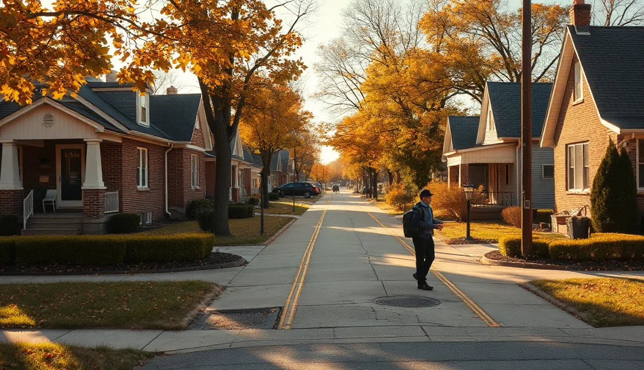 Detroit residential street with brick bungalows on a sunny autumn morning